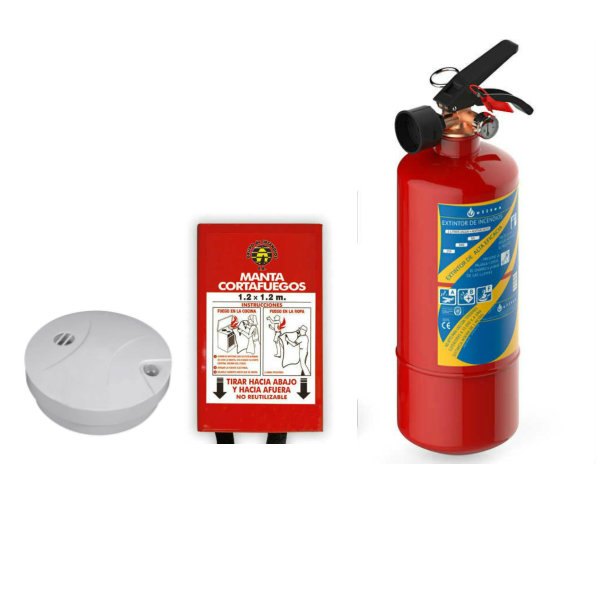 Detector autónomo de humo y gases, manta ignífuga para cocina y extintor de 2Lts Agua y Espumógeno especial para cocina