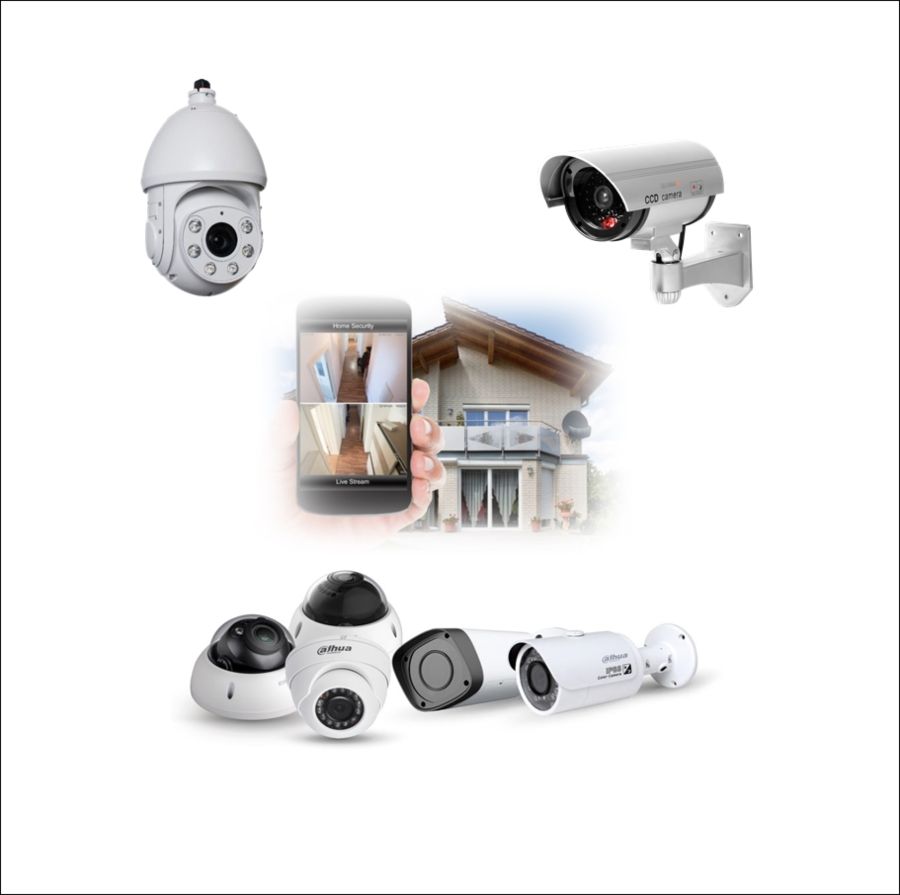 Diferentes cámaras de seguridad para instalar en domicilio, imagen de una casa y teléfono móvil con vídeo de las cámaras