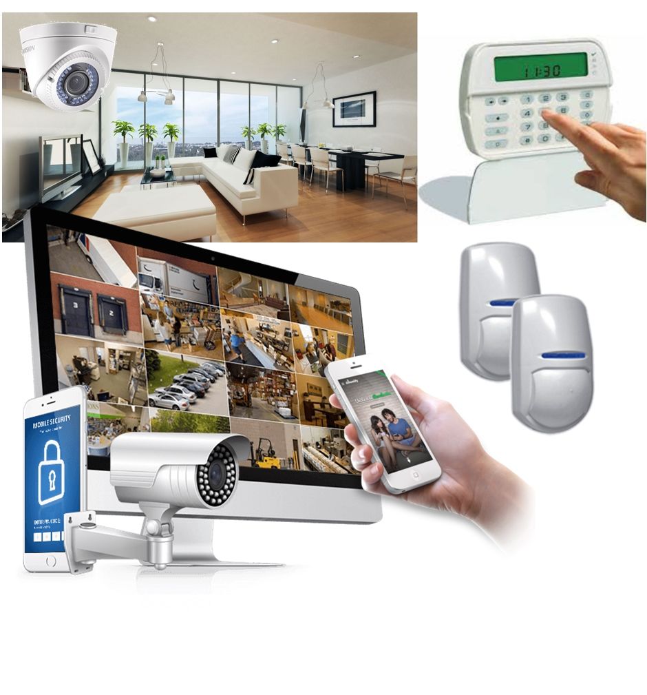 Diferentes sistemas de seguridad de intrusión, CCTV y control de accesos con imágenes de videovigilancia en ordenador y móvil