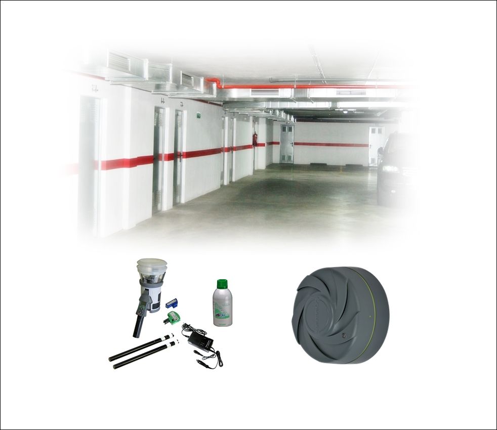 Dispositivos de sistema de detección de CO y otros accesorios para mantenimiento sobre imagen de parking difuminada