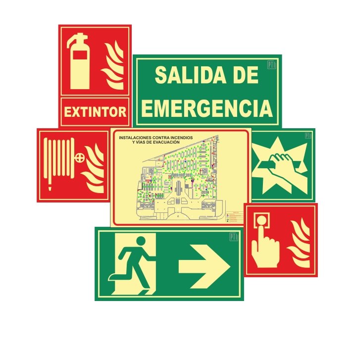 Diferentes tipos de señalización contra incendios, de evacuación y O.M.I. sobre fondo blanco
